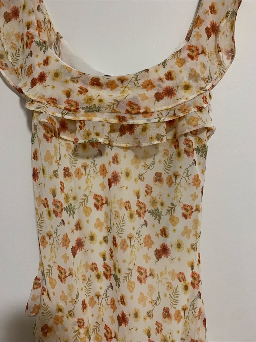 Forever 21 Cream Floral Ruffle Tank with Orange and Green Accents